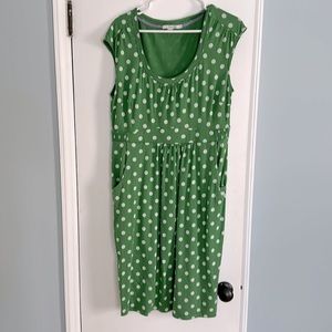 Boden Size 12Tall polka dot green cotton/modal knee length dress.